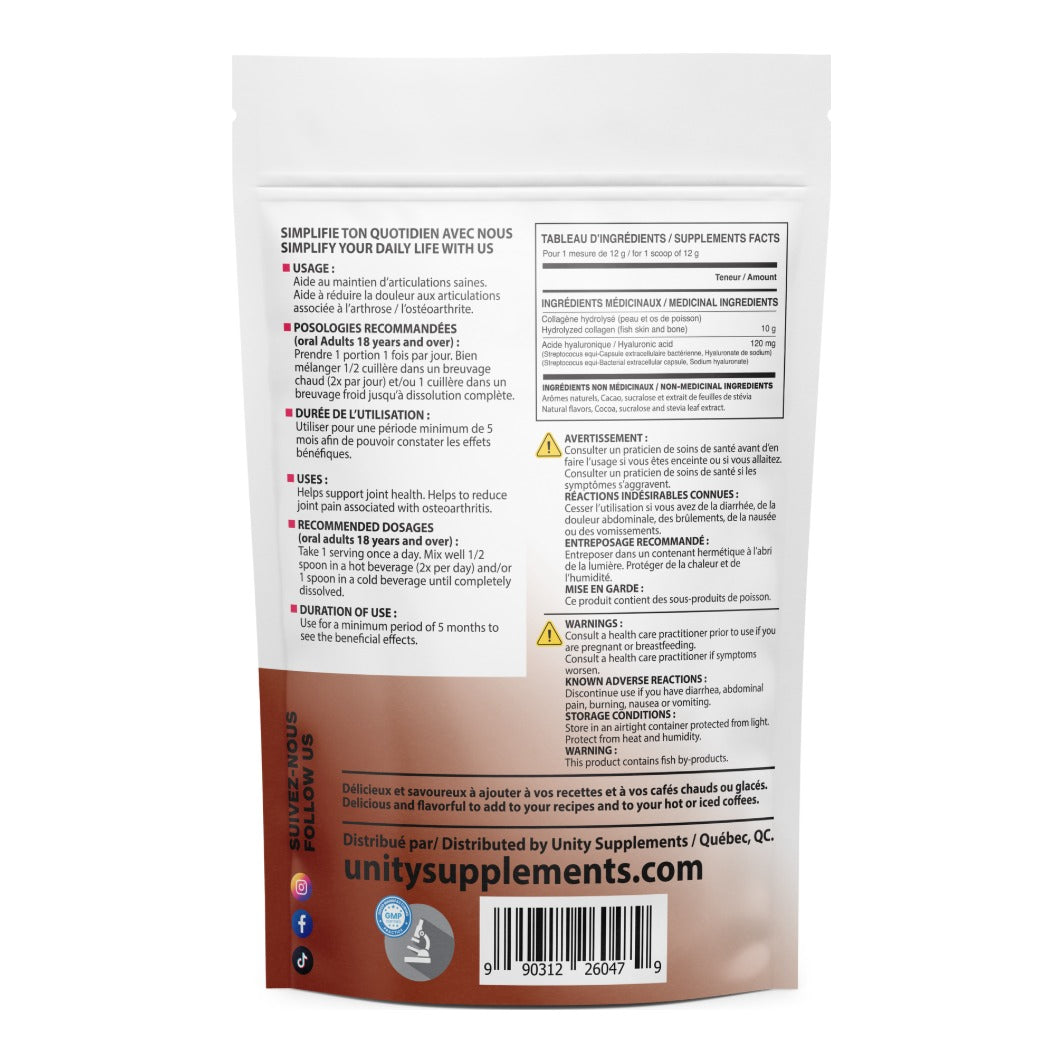 Unity Marine Collagen Chocolate Hazelnut supplement facts, directions and cautions